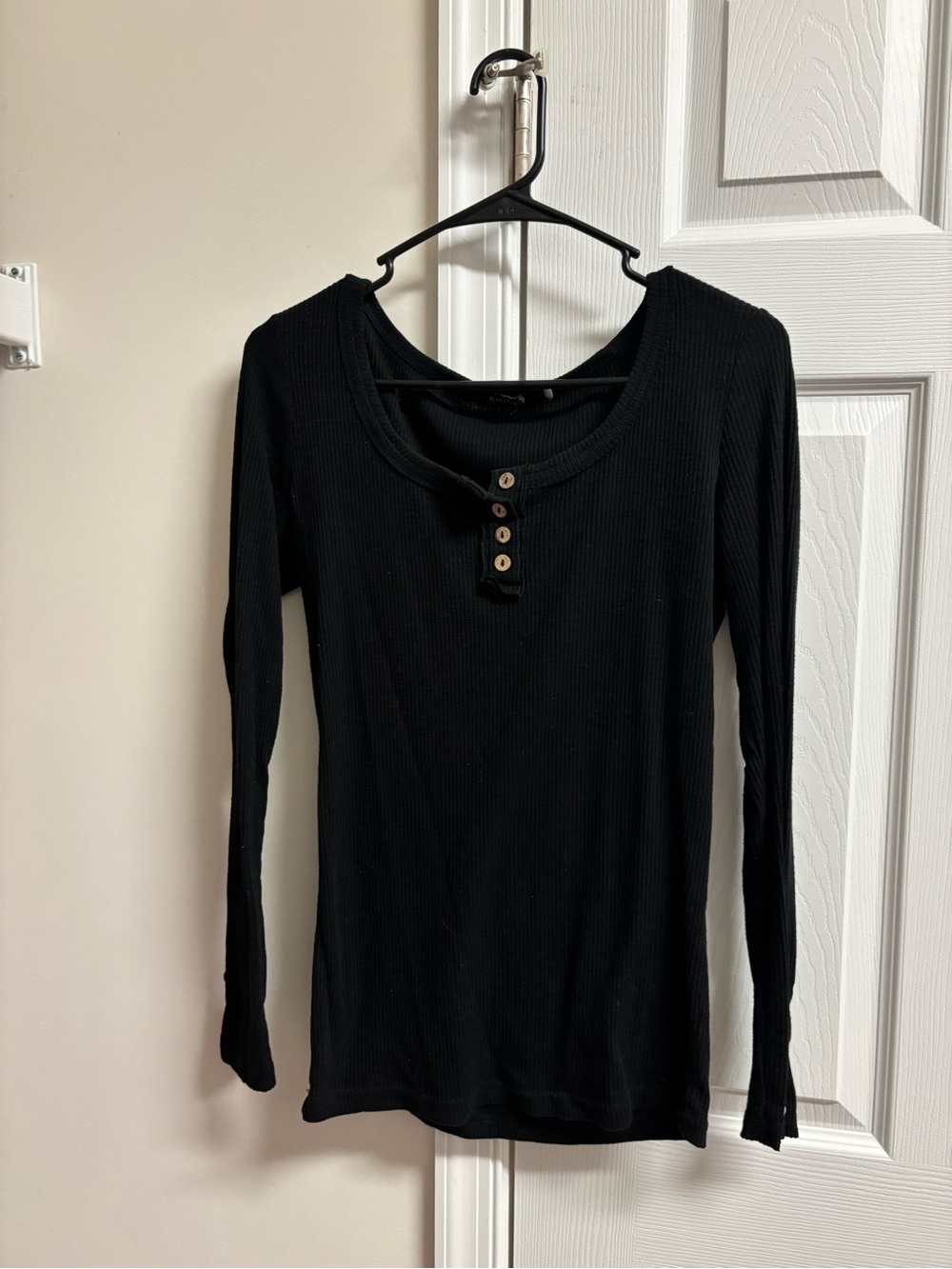 Black Ribbed Henley Long Sleeve Top - Unbranded